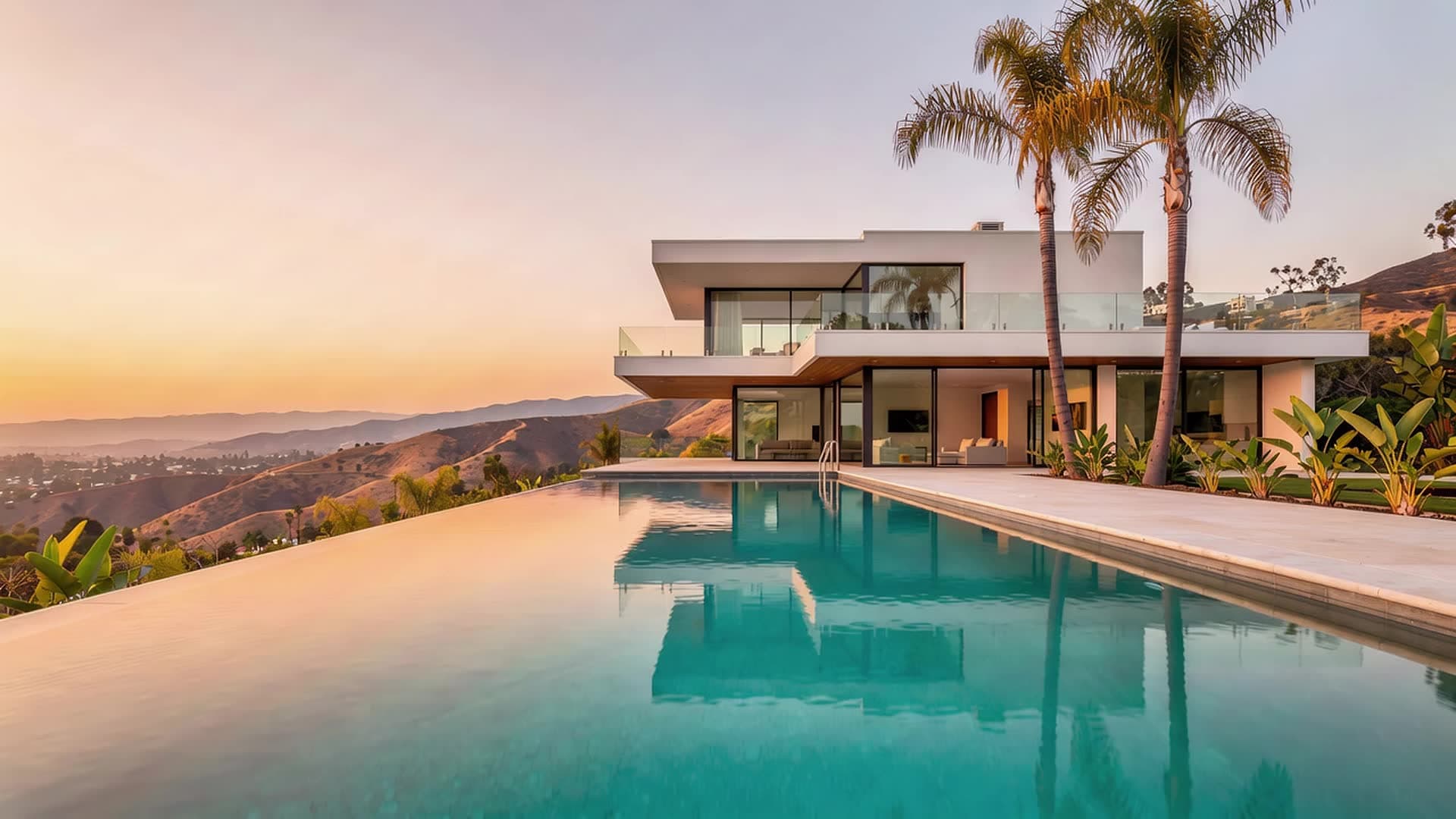 A modern white hillside villa with an infinity pool and palms at sunset