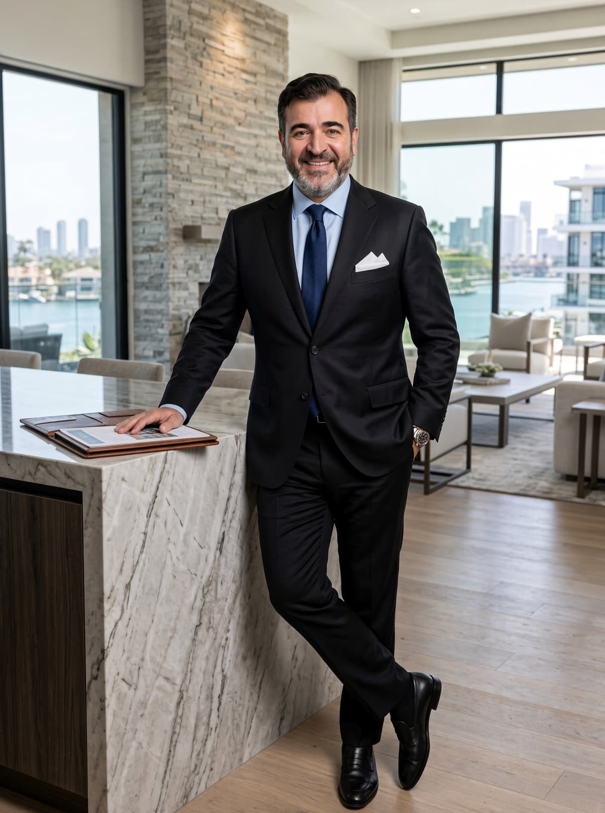 Scott Luna standing in a modern living room, leaning against a marble island